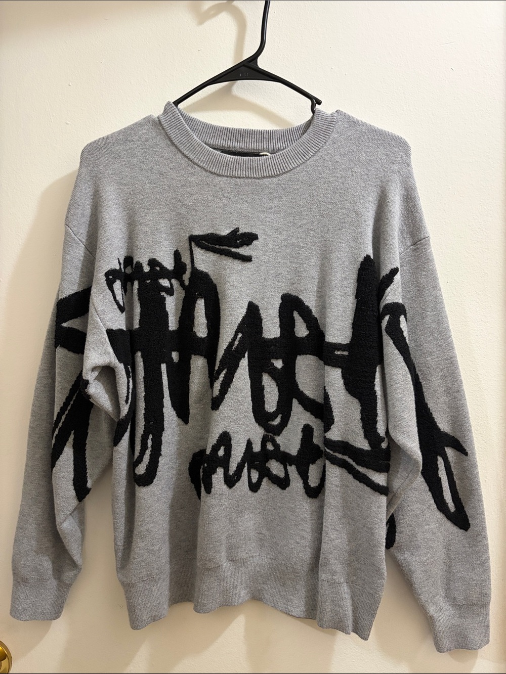 Zara Grey Crewneck Sweater with Black Script Graphic